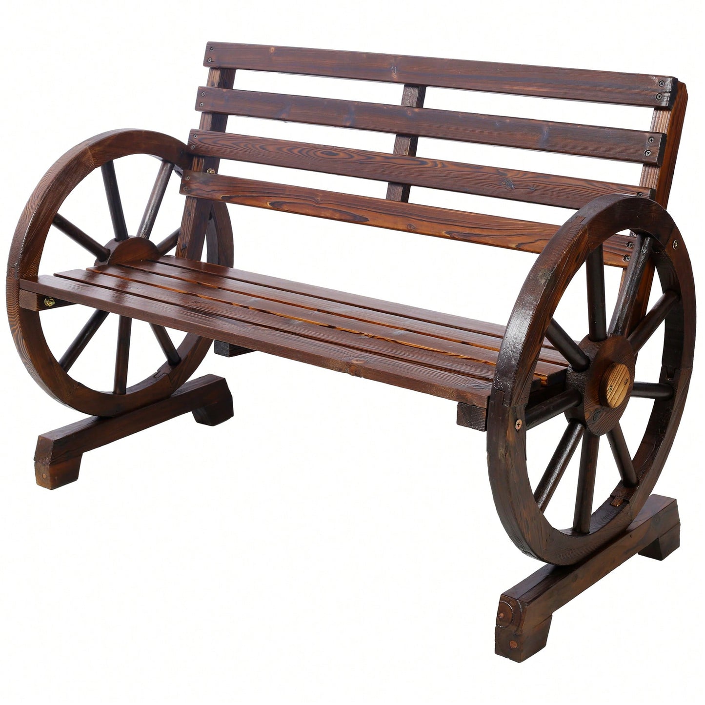Rustic Wooden Wagon Wheel Bench For Outdoor Patio Garden With Slatted Seat And Backrest - Brown