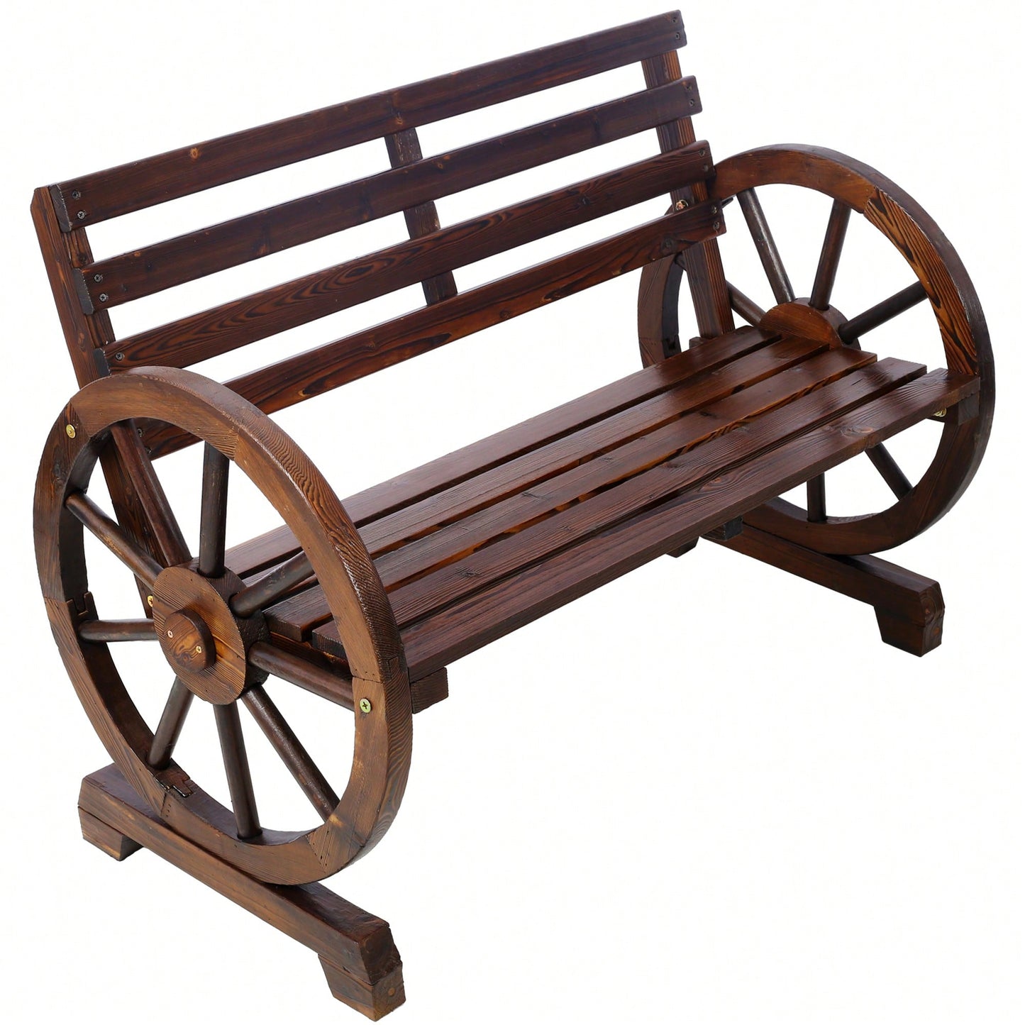 Rustic Wooden Wagon Wheel Bench For Outdoor Patio Garden With Slatted Seat And Backrest - Brown