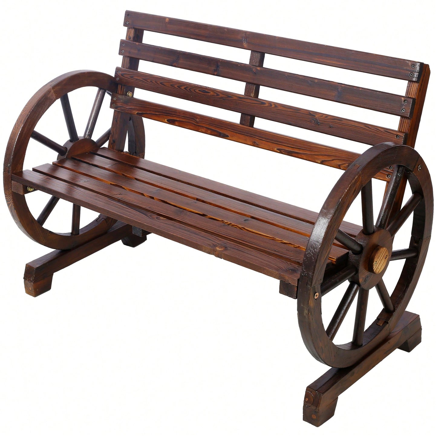 Rustic Wooden Wagon Wheel Bench For Outdoor Patio Garden With Slatted Seat And Backrest - Brown