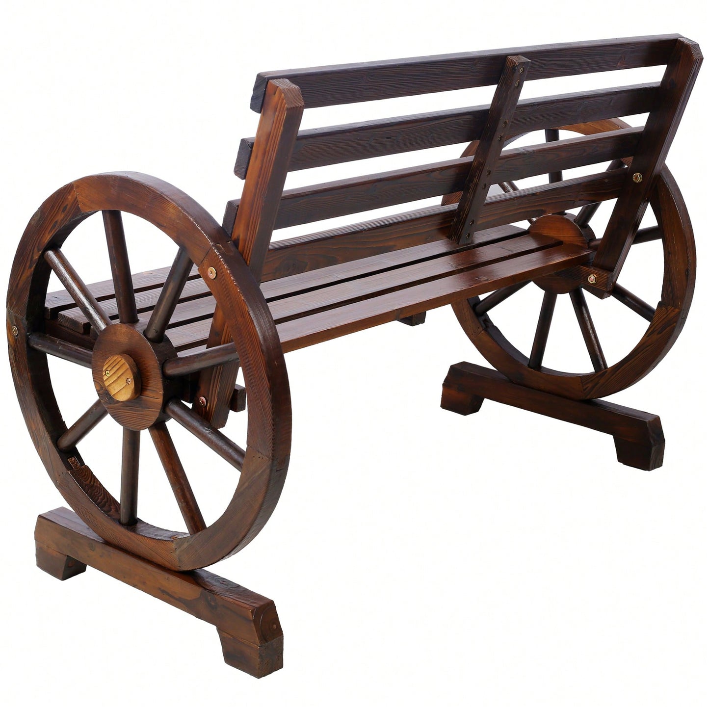 Rustic Wooden Wagon Wheel Bench For Outdoor Patio Garden With Slatted Seat And Backrest - Brown