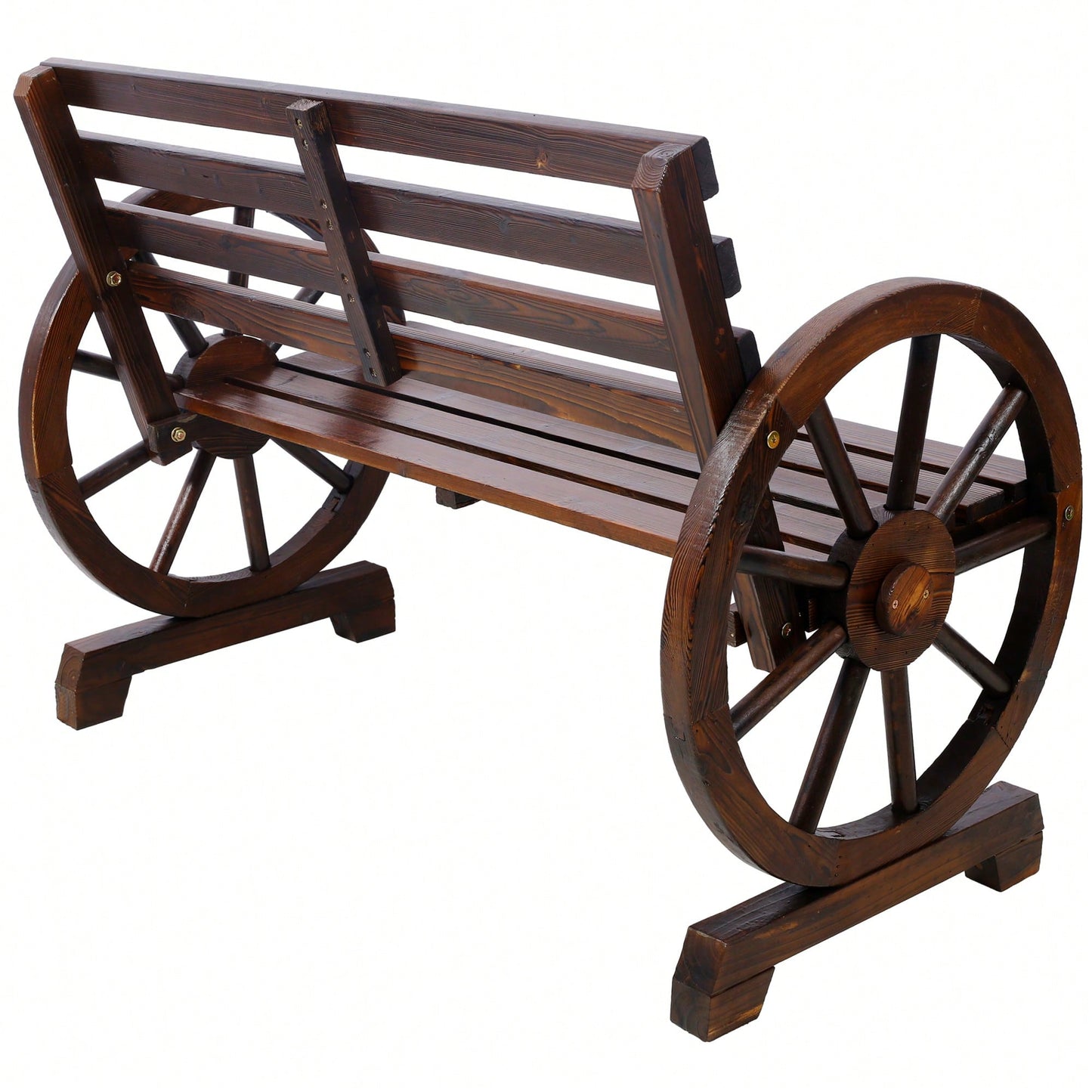 Rustic Wooden Wagon Wheel Bench For Outdoor Patio Garden With Slatted Seat And Backrest - Brown