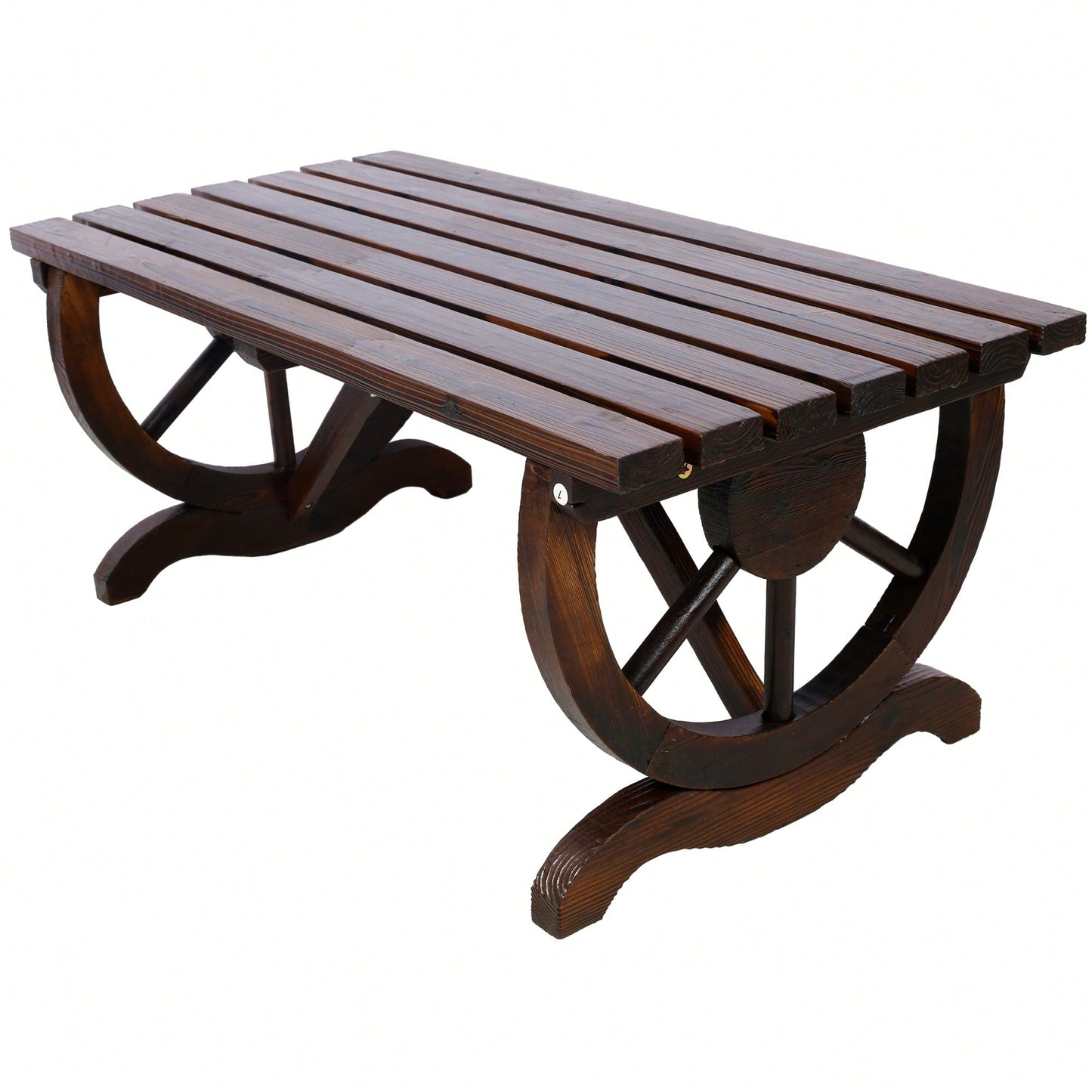 Rustic Wooden Outdoor Bench With Wagon Wheel Legs For Garden Patio Lawn And Porch Seating For Two