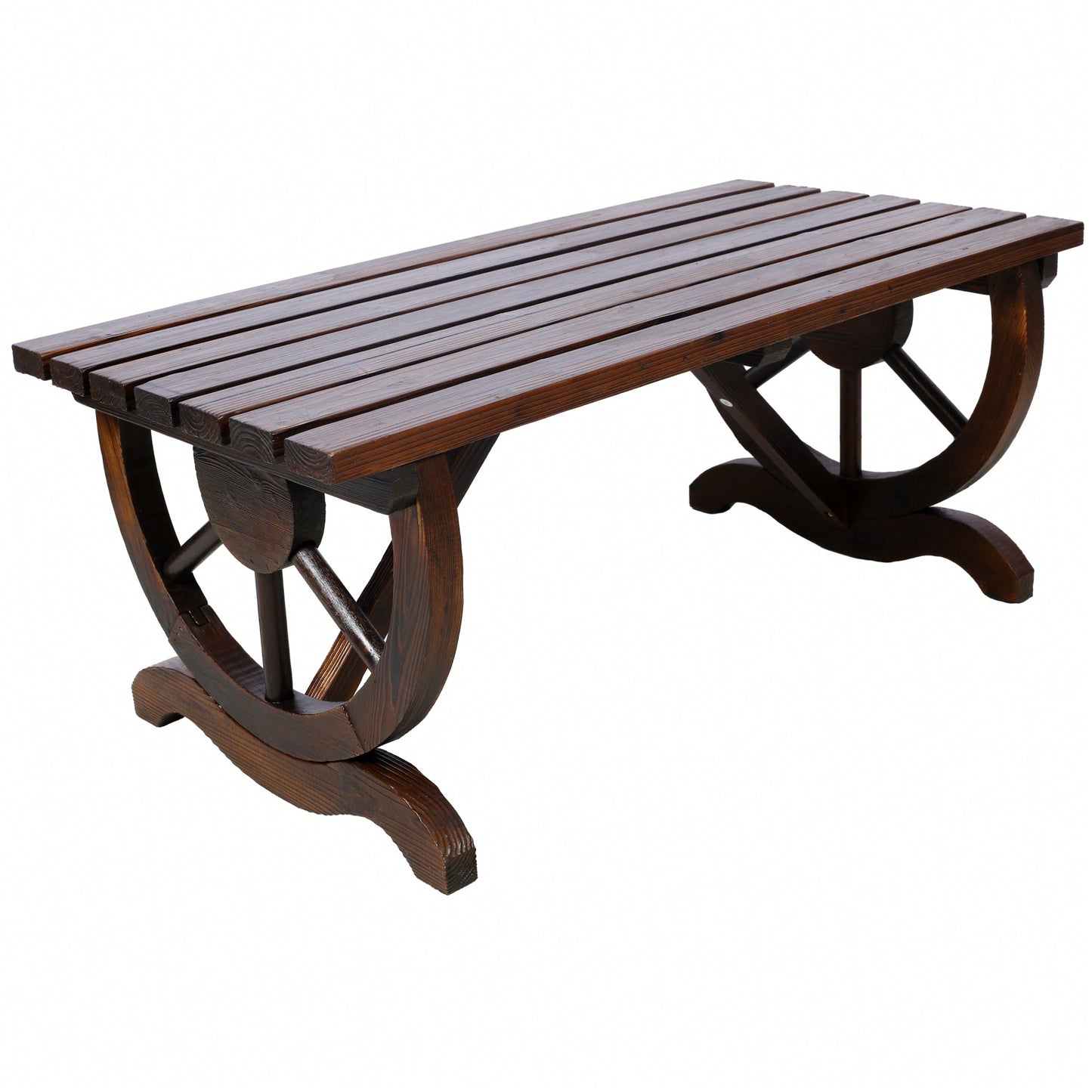 Rustic Wooden Outdoor Bench With Wagon Wheel Legs For Garden Patio Lawn And Porch Seating For Two