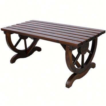 Rustic Wooden Outdoor Bench With Wagon Wheel Legs For Garden Patio Lawn And Porch Seating For Two