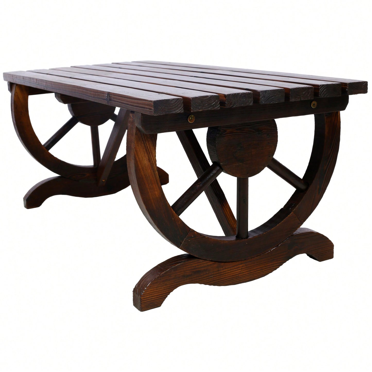 Rustic Wooden Outdoor Bench With Wagon Wheel Legs For Garden Patio Lawn And Porch Seating For Two
