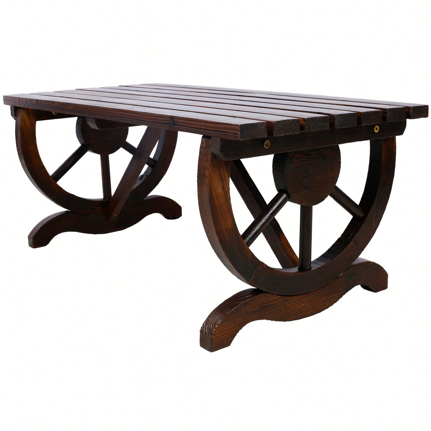 Rustic Wooden Outdoor Bench With Wagon Wheel Legs For Garden Patio Lawn And Porch Seating For Two