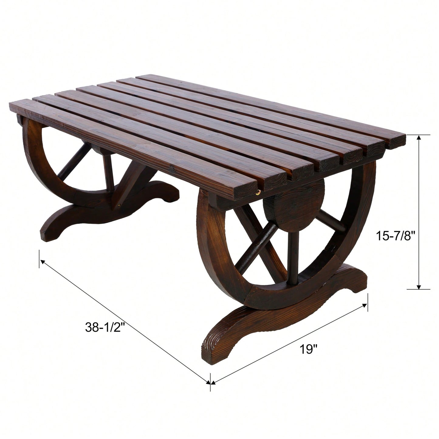 Rustic Wooden Outdoor Bench With Wagon Wheel Legs For Garden Patio Lawn And Porch Seating For Two