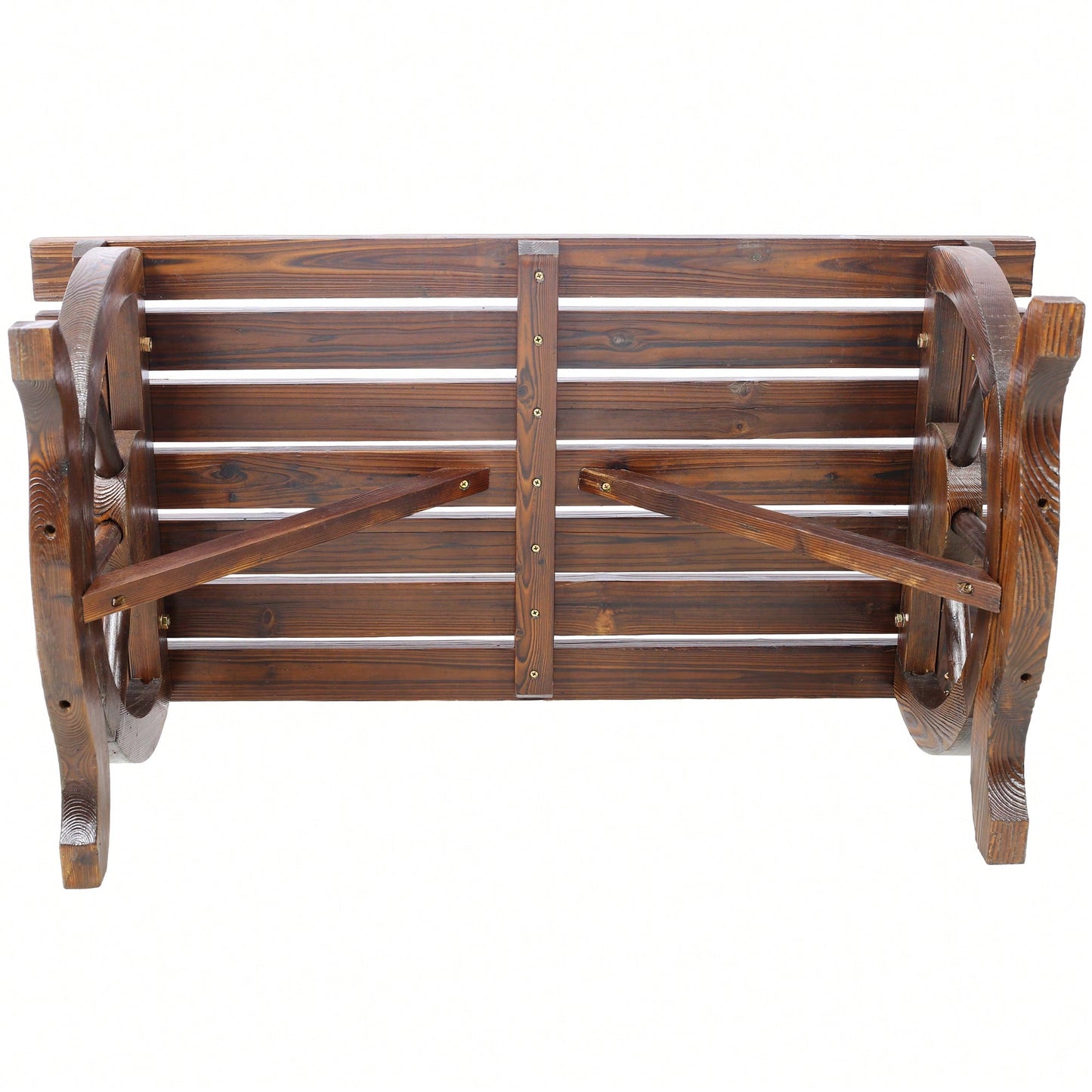 Rustic Wooden Outdoor Bench With Wagon Wheel Legs For Garden Patio Lawn And Porch Seating For Two