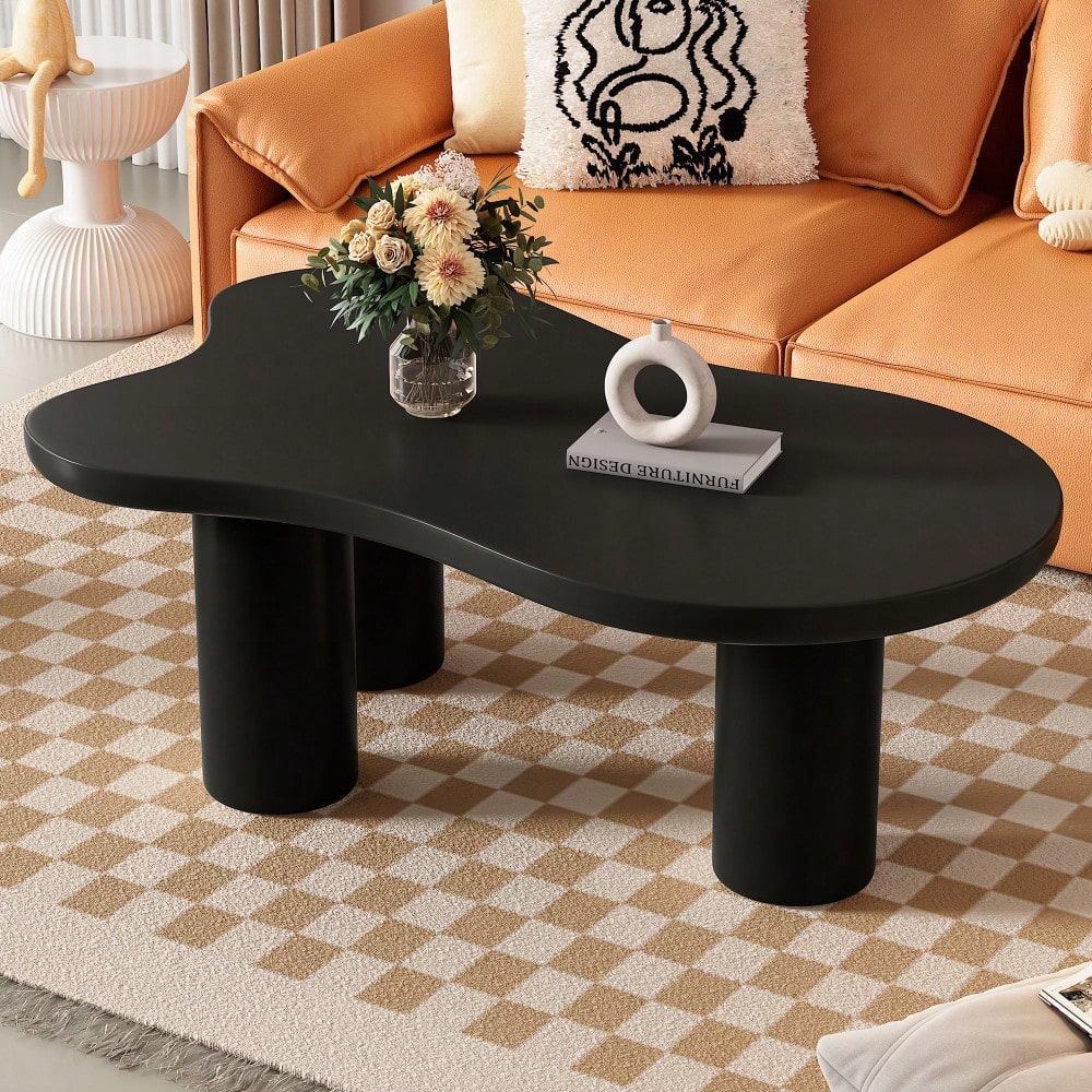 Easy Assembly Cream Cloud Coffee Table With Thick Round Edge Top And 3 Sturdy Legs For Living Room Black