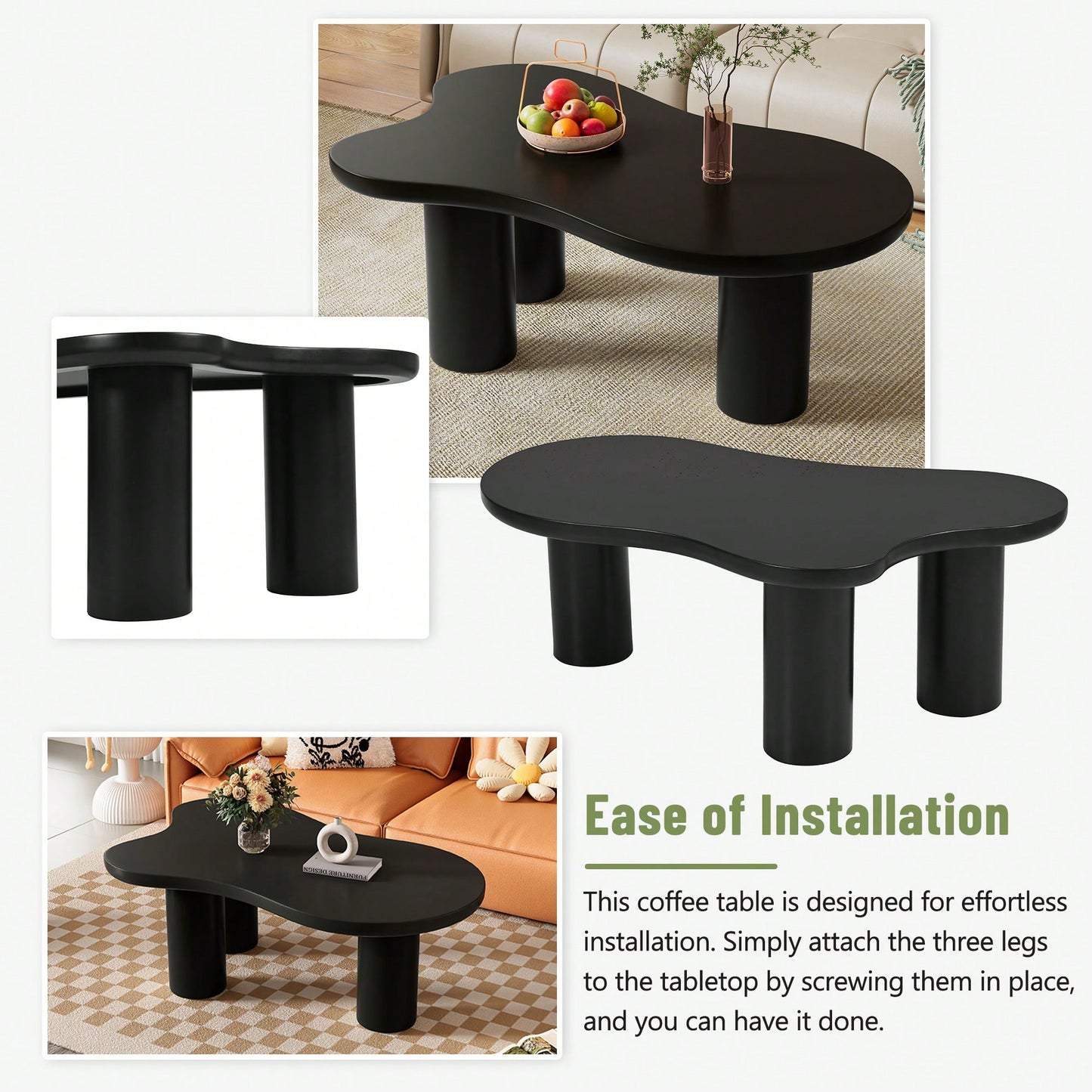 Easy Assembly Cream Cloud Coffee Table With Thick Round Edge Top And 3 Sturdy Legs For Living Room Black