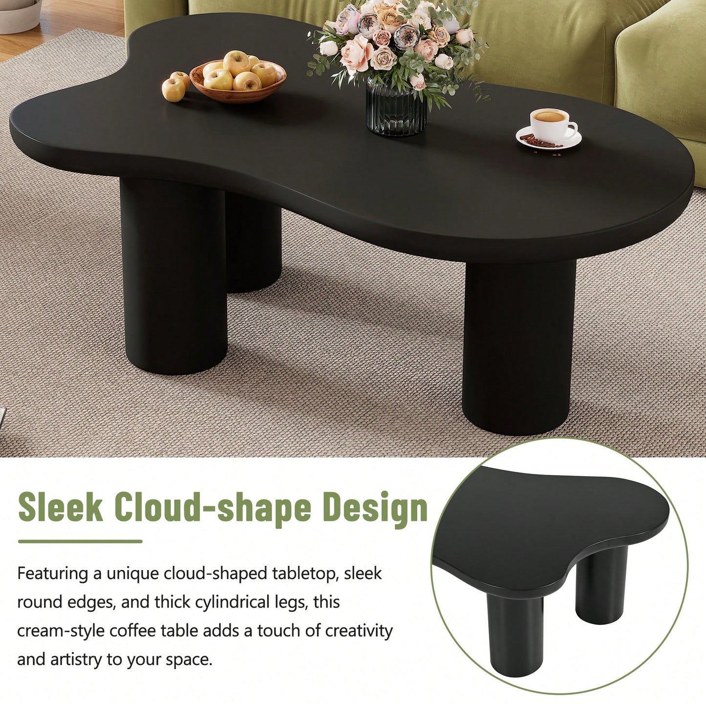Easy Assembly Cream Cloud Coffee Table With Thick Round Edge Top And 3 Sturdy Legs For Living Room Black