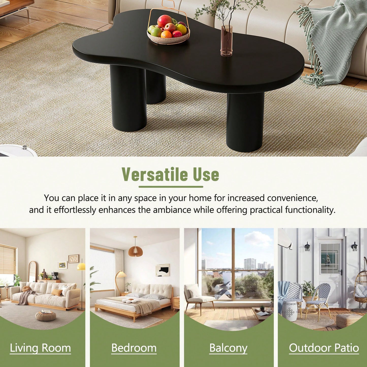 Easy Assembly Cream Cloud Coffee Table With Thick Round Edge Top And 3 Sturdy Legs For Living Room Black