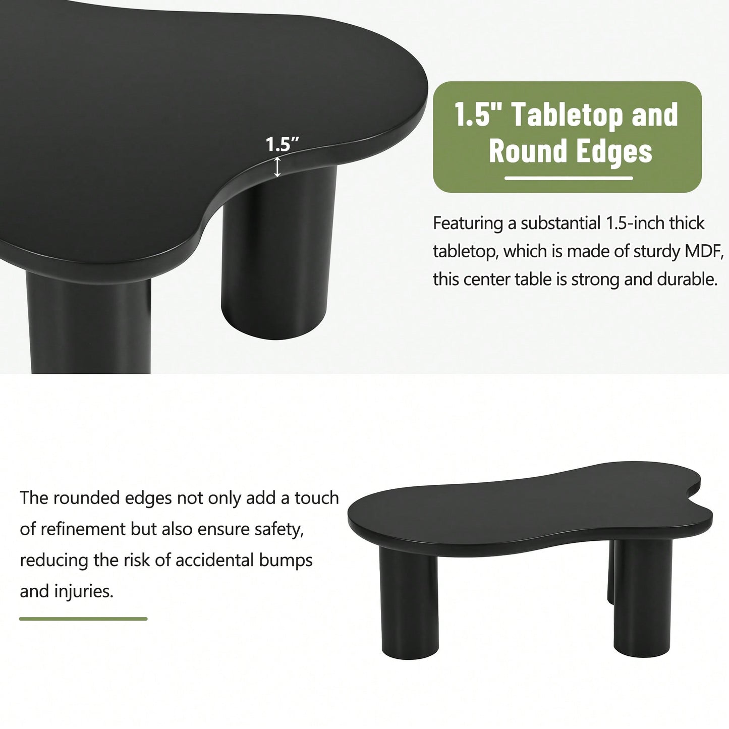 Easy Assembly Cream Cloud Coffee Table With Thick Round Edge Top And 3 Sturdy Legs For Living Room Black