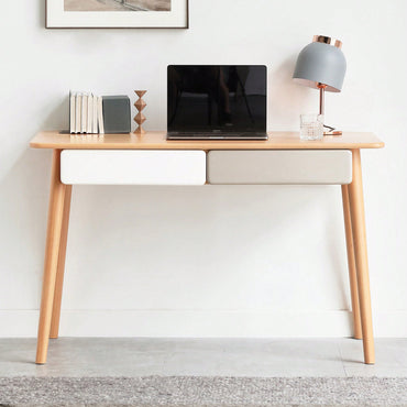 Large Solid Wood Computer Desk With 2 Drawers For Home Office And Study - Modern Simple Design PC Table In Beech Finish