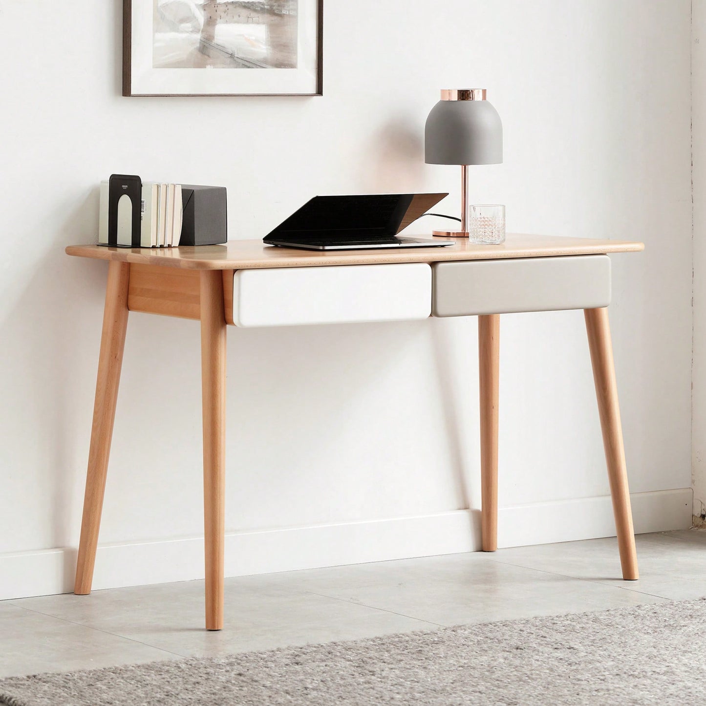 Large Solid Wood Computer Desk With 2 Drawers For Home Office And Study - Modern Simple Design PC Table In Beech Finish