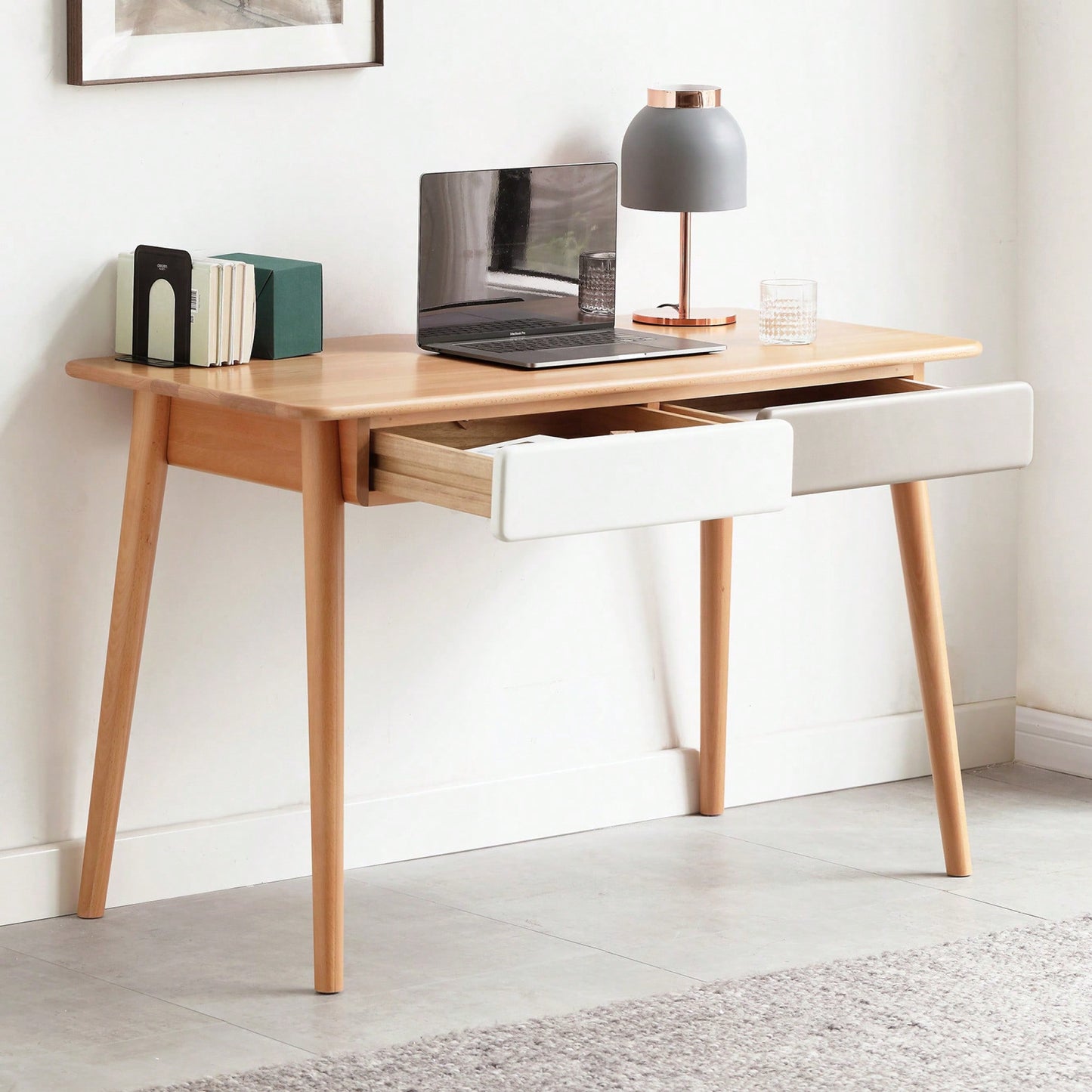 Large Solid Wood Computer Desk With 2 Drawers For Home Office And Study - Modern Simple Design PC Table In Beech Finish