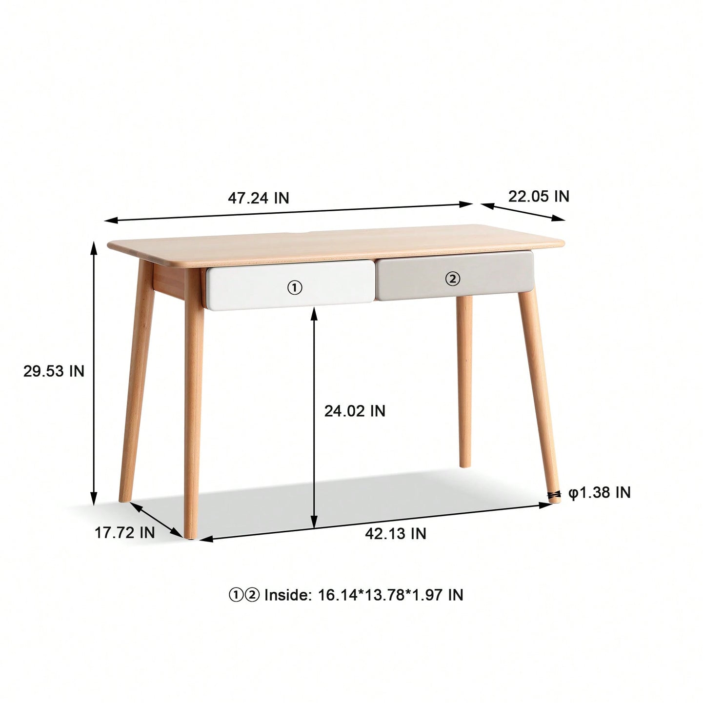 Large Solid Wood Computer Desk With 2 Drawers For Home Office And Study - Modern Simple Design PC Table In Beech Finish