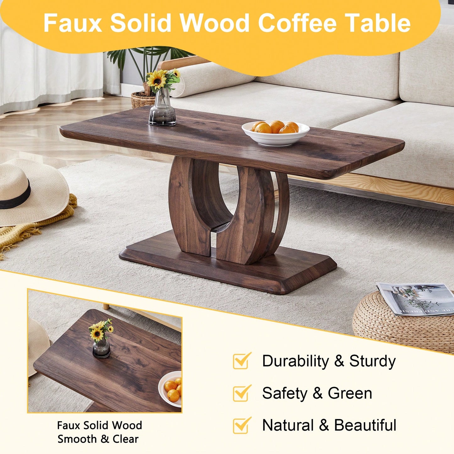 Modern Minimalist Rectangular Coffee Table In Dark Brown Walnut Finish For Cozy Home Decor