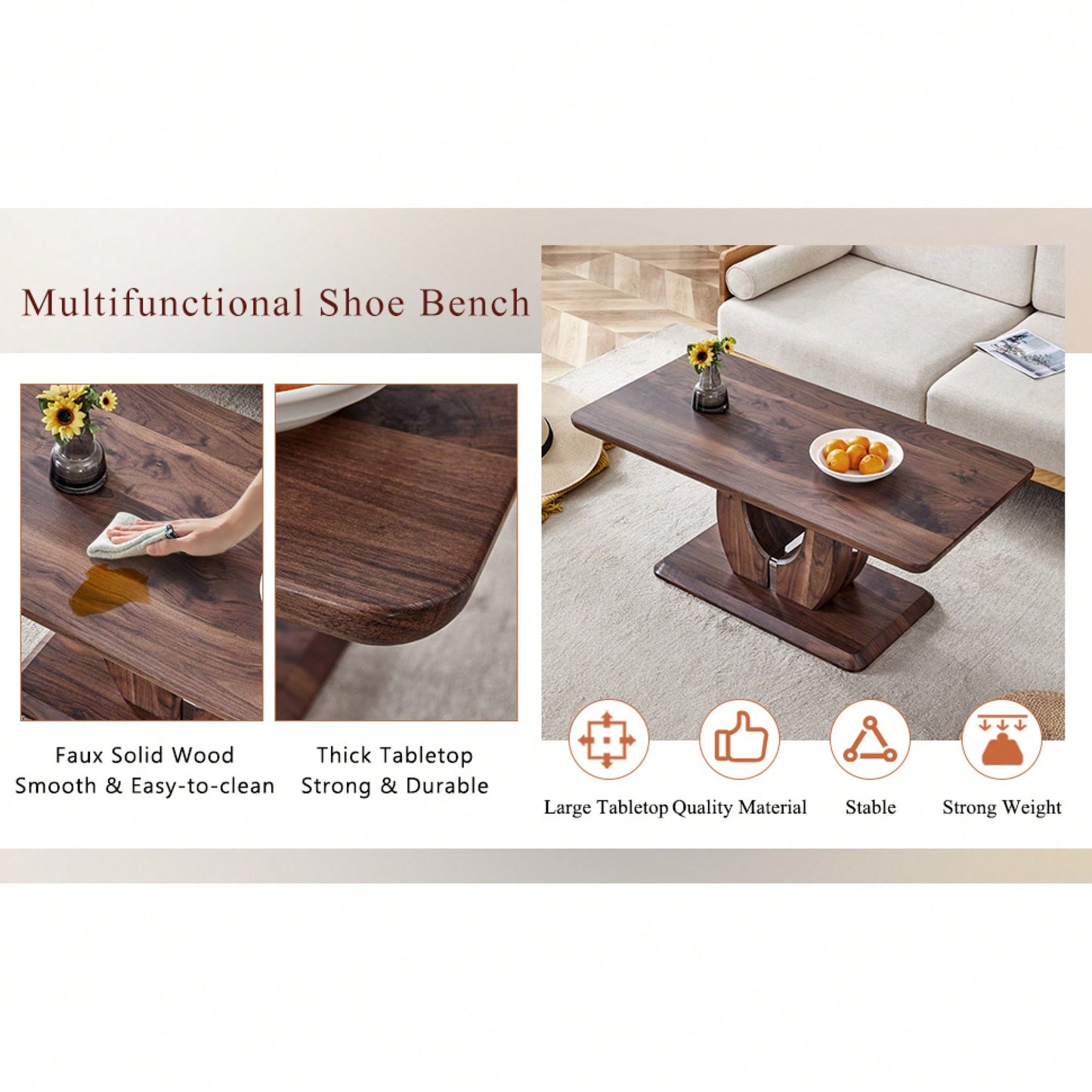 Modern Minimalist Rectangular Coffee Table In Dark Brown Walnut Finish For Cozy Home Decor