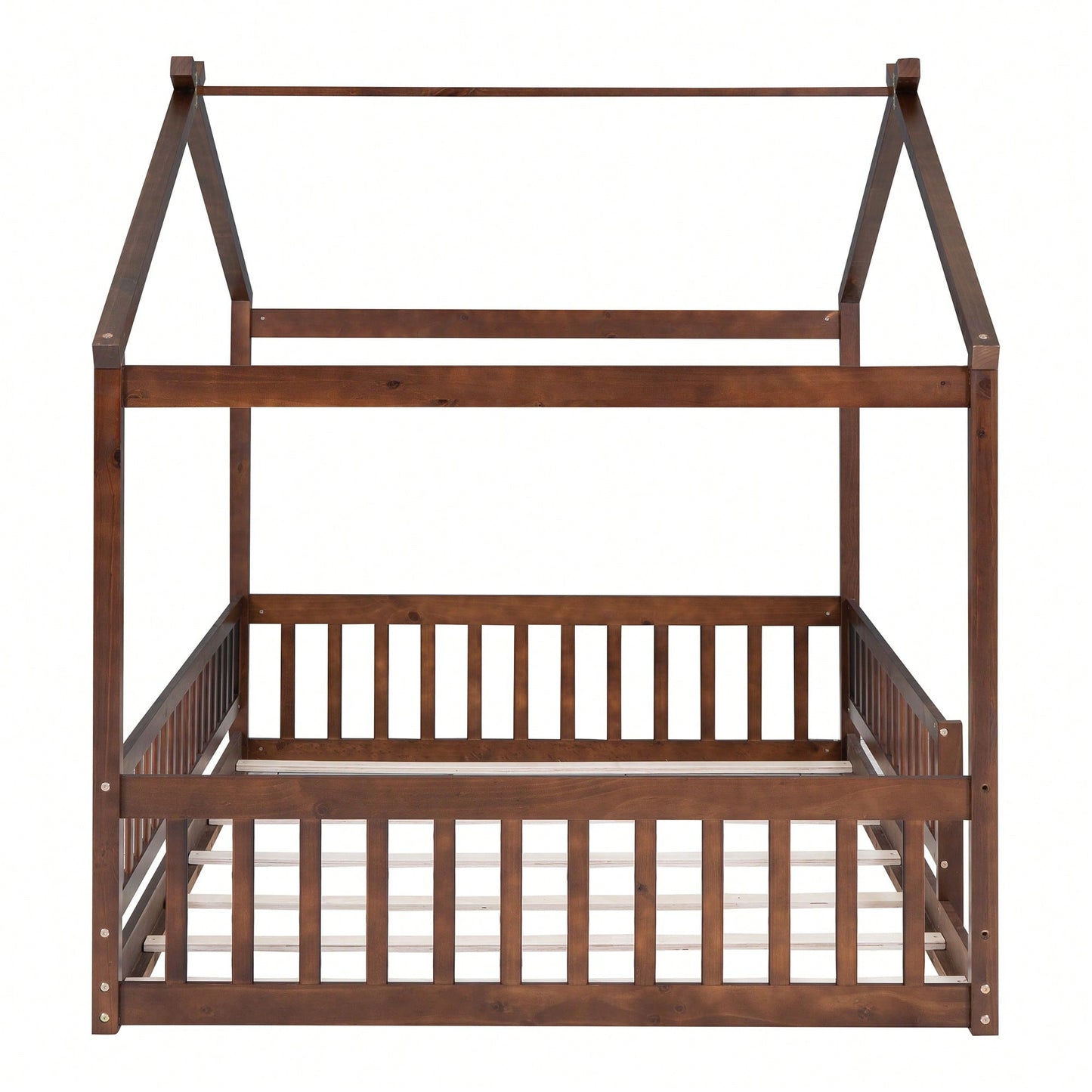 Full Size Wooden House Bed Frame With Safety Fence For Kids And Teens In White