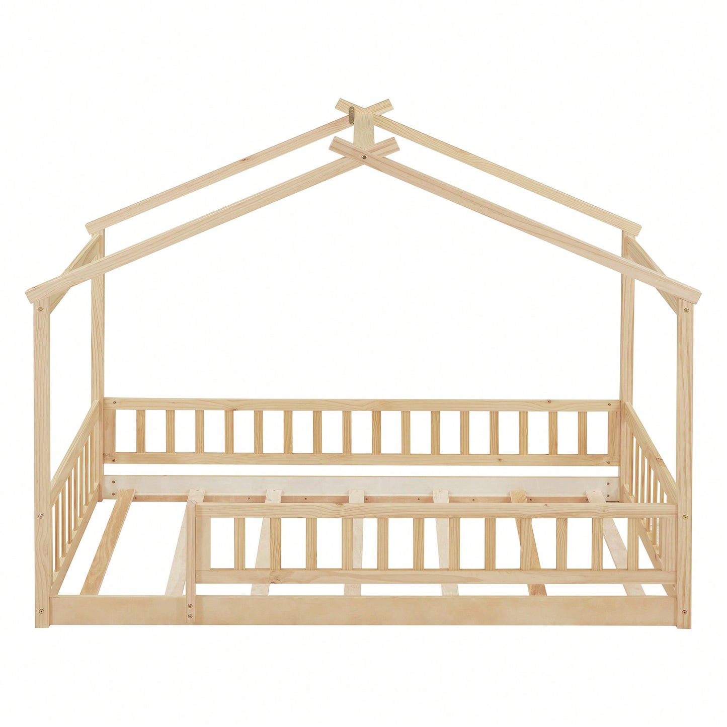 Twin Size Wooden House Bed Frame With Safety Fence For Kids And Teens In White