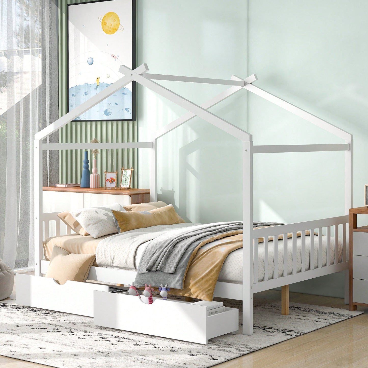 Elegant Full Size Platform Bed With Two Storage Drawers And Stylish Headboard, Footboard, And Roof Design In White