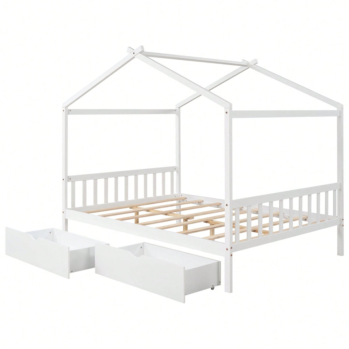 Elegant Full Size Platform Bed With Two Storage Drawers And Stylish Headboard, Footboard, And Roof Design In White