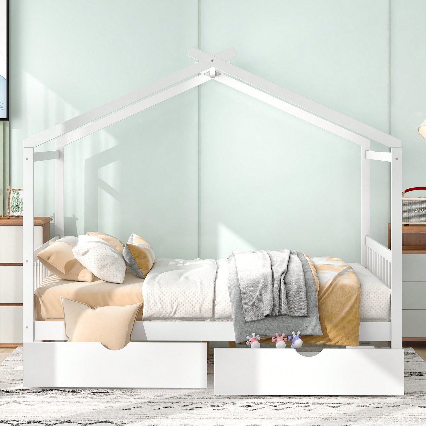 Elegant Full Size Platform Bed With Two Storage Drawers And Stylish Headboard, Footboard, And Roof Design In White