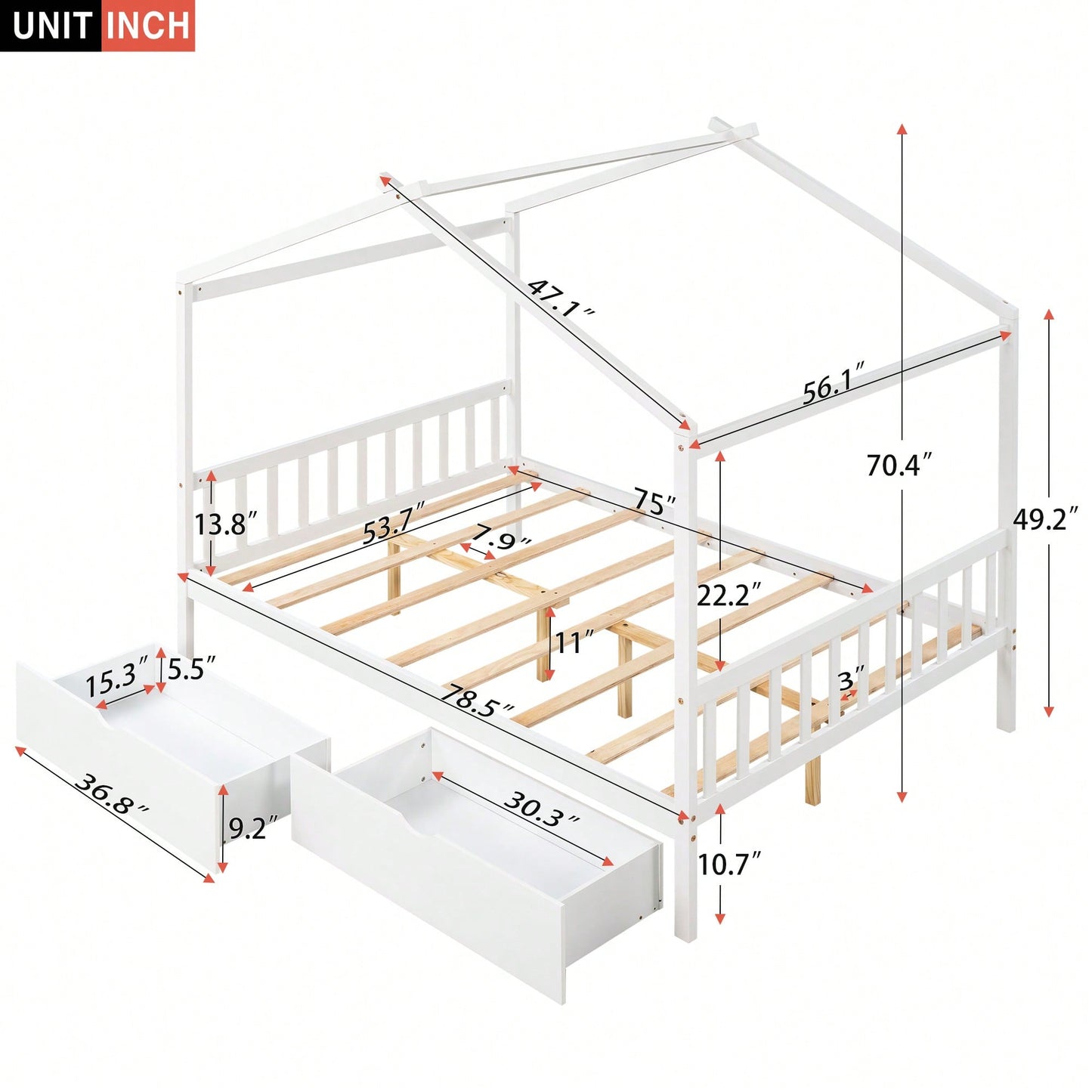 Elegant Full Size Platform Bed With Two Storage Drawers And Stylish Headboard, Footboard, And Roof Design In White