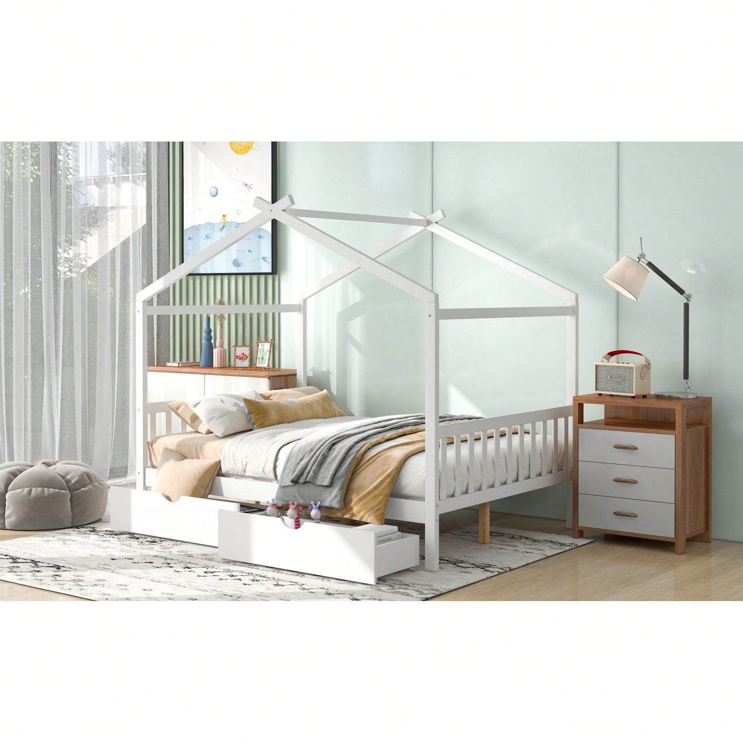 Elegant Full Size Platform Bed With Two Storage Drawers And Stylish Headboard, Footboard, And Roof Design In White