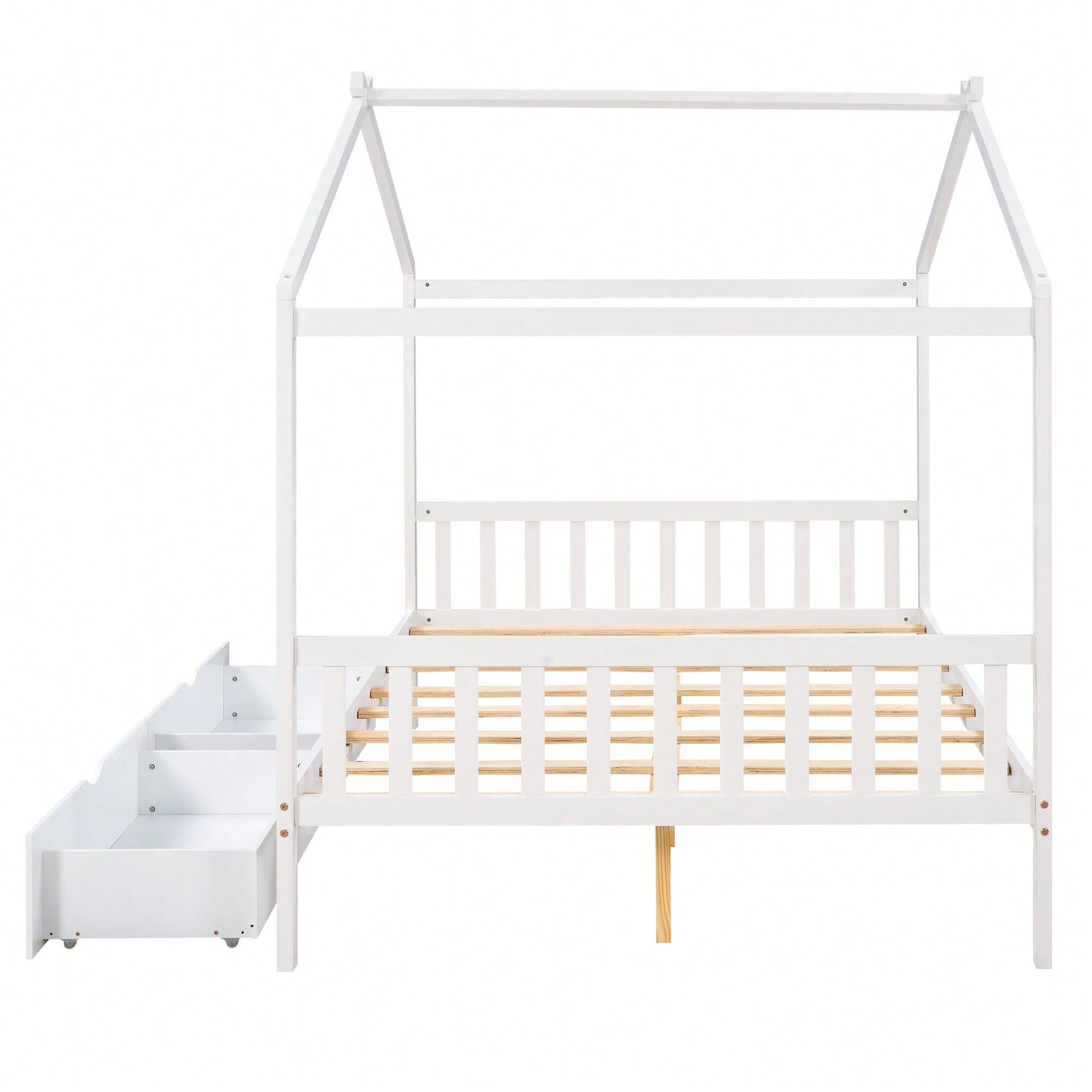 Elegant Full Size Platform Bed With Two Storage Drawers And Stylish Headboard, Footboard, And Roof Design In White
