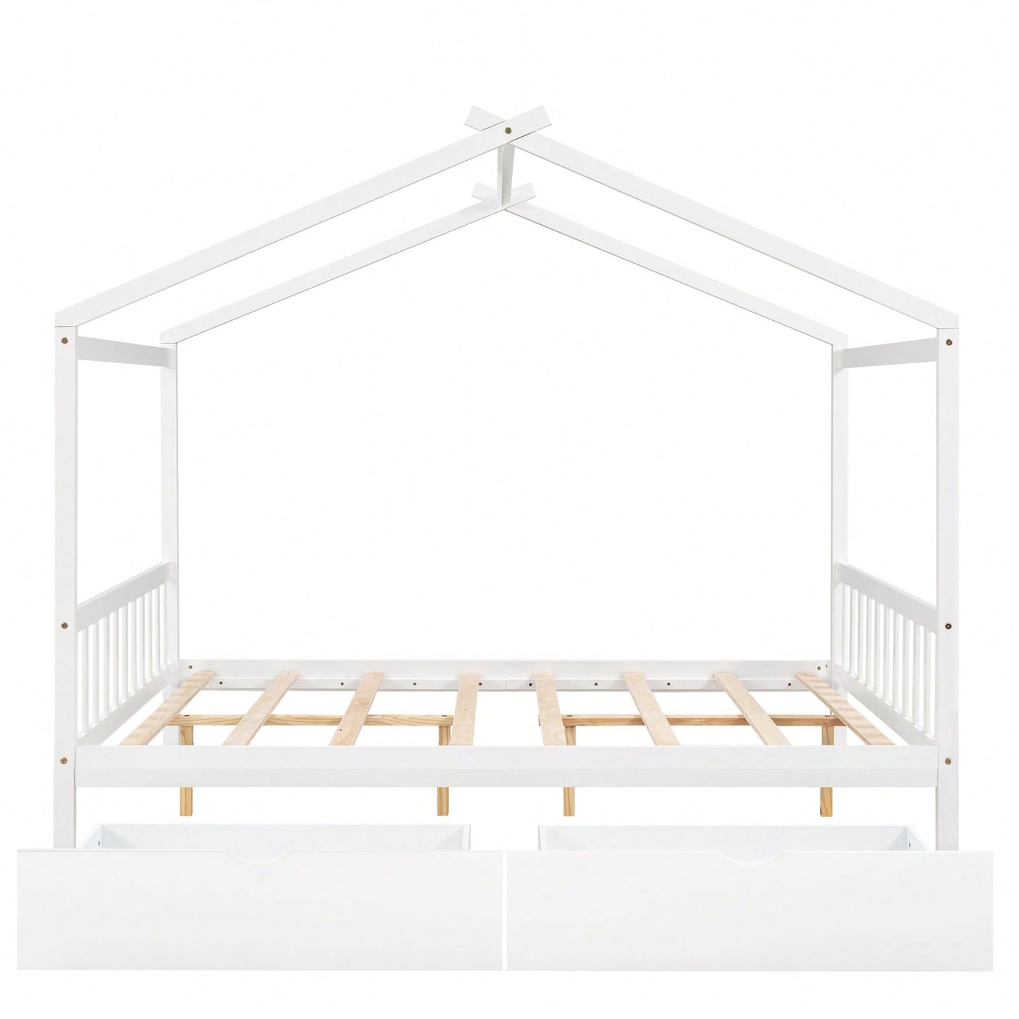 Elegant Full Size Platform Bed With Two Storage Drawers And Stylish Headboard, Footboard, And Roof Design In White
