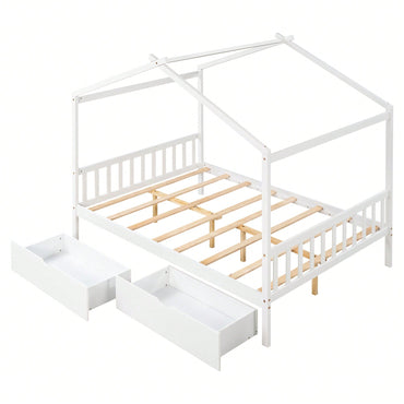 Elegant Full Size Platform Bed With Two Storage Drawers And Stylish Headboard, Footboard, And Roof Design In White