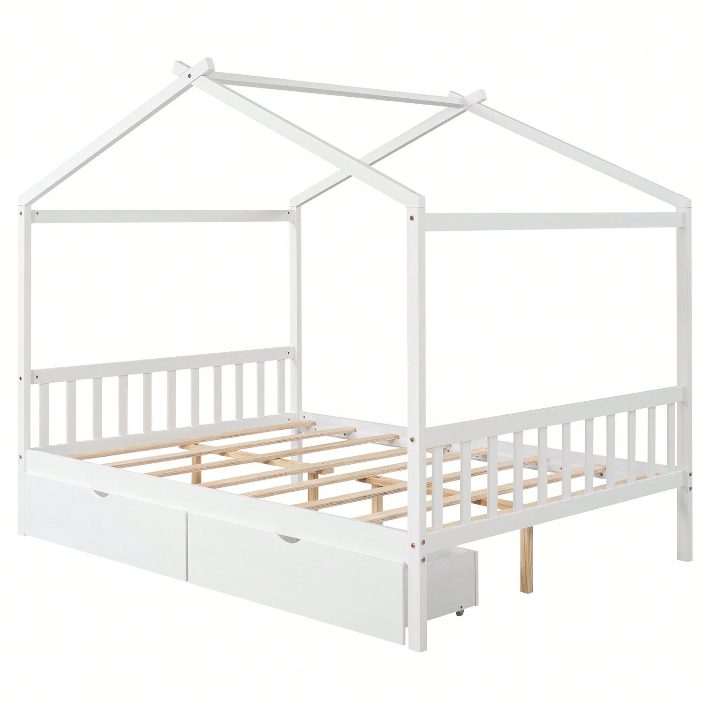 Elegant Full Size Platform Bed With Two Storage Drawers And Stylish Headboard, Footboard, And Roof Design In White