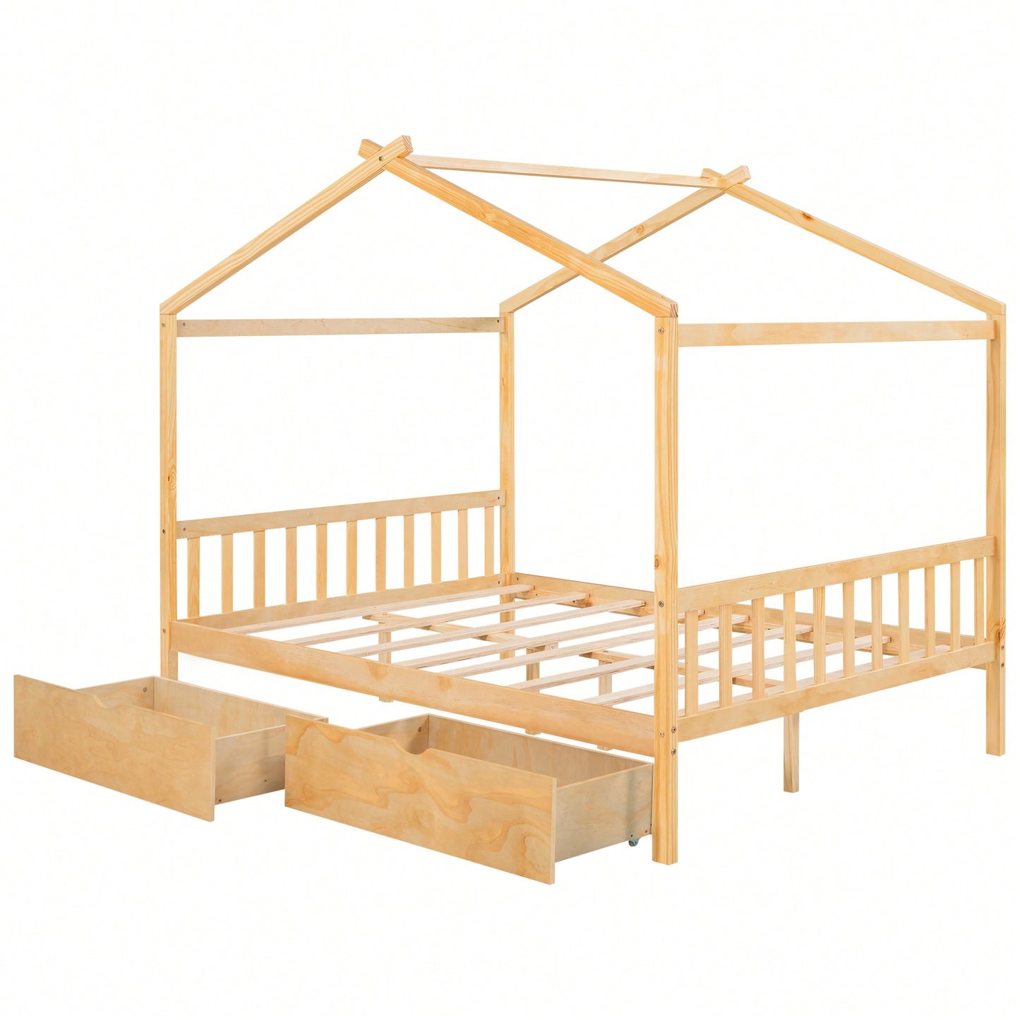 Elegant Full Size Platform Bed With Two Storage Drawers And Stylish Headboard, Footboard, And Roof Design In White