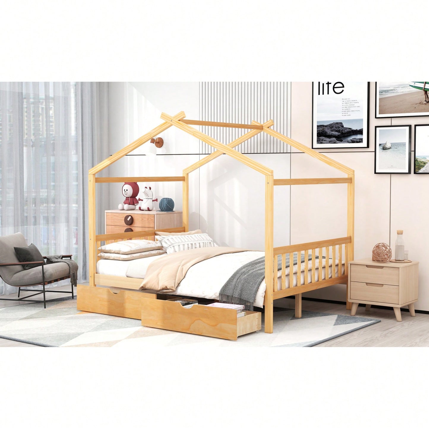 Elegant Full Size Platform Bed With Two Storage Drawers And Stylish Headboard, Footboard, And Roof Design In White