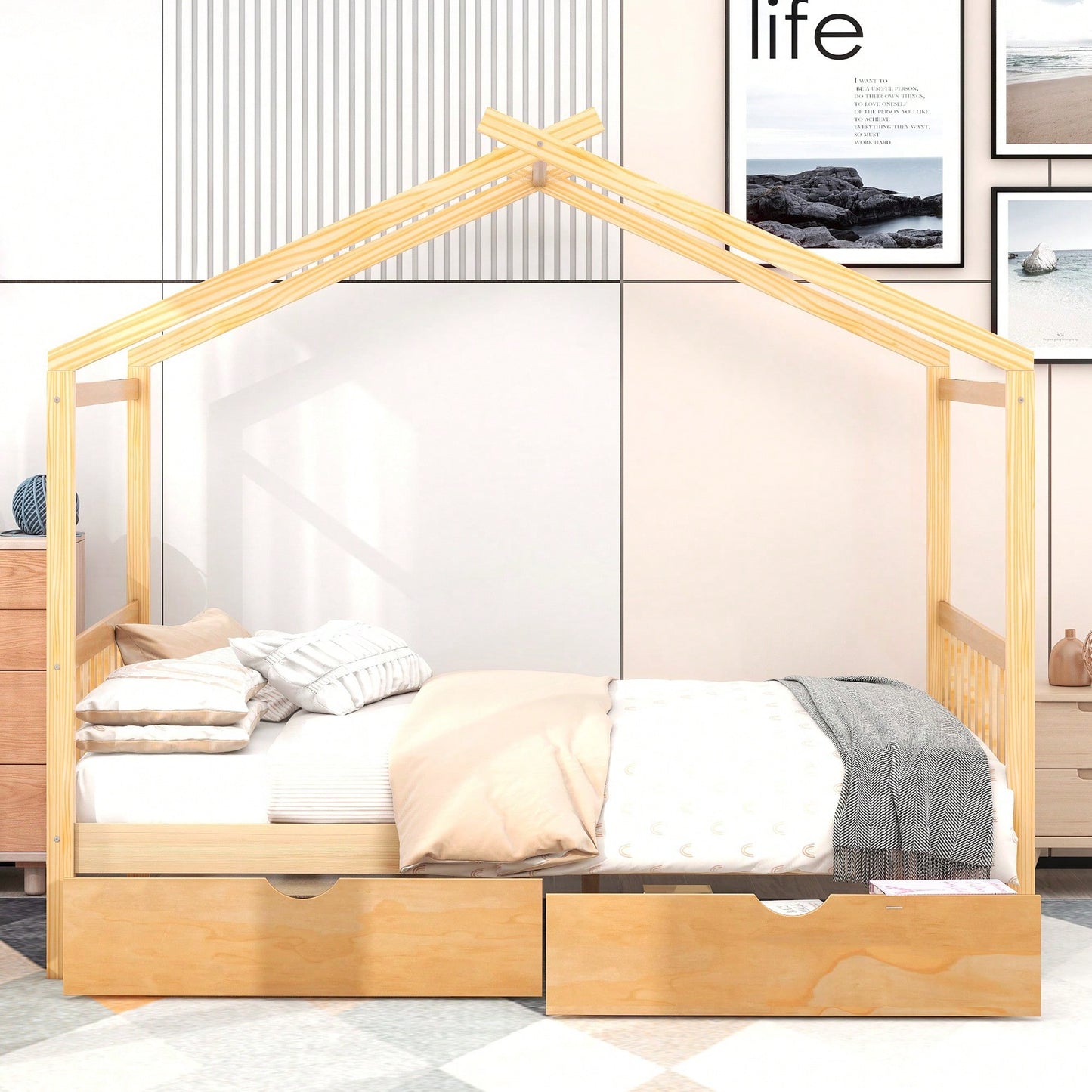 Elegant Full Size Platform Bed With Two Storage Drawers And Stylish Headboard, Footboard, And Roof Design In White