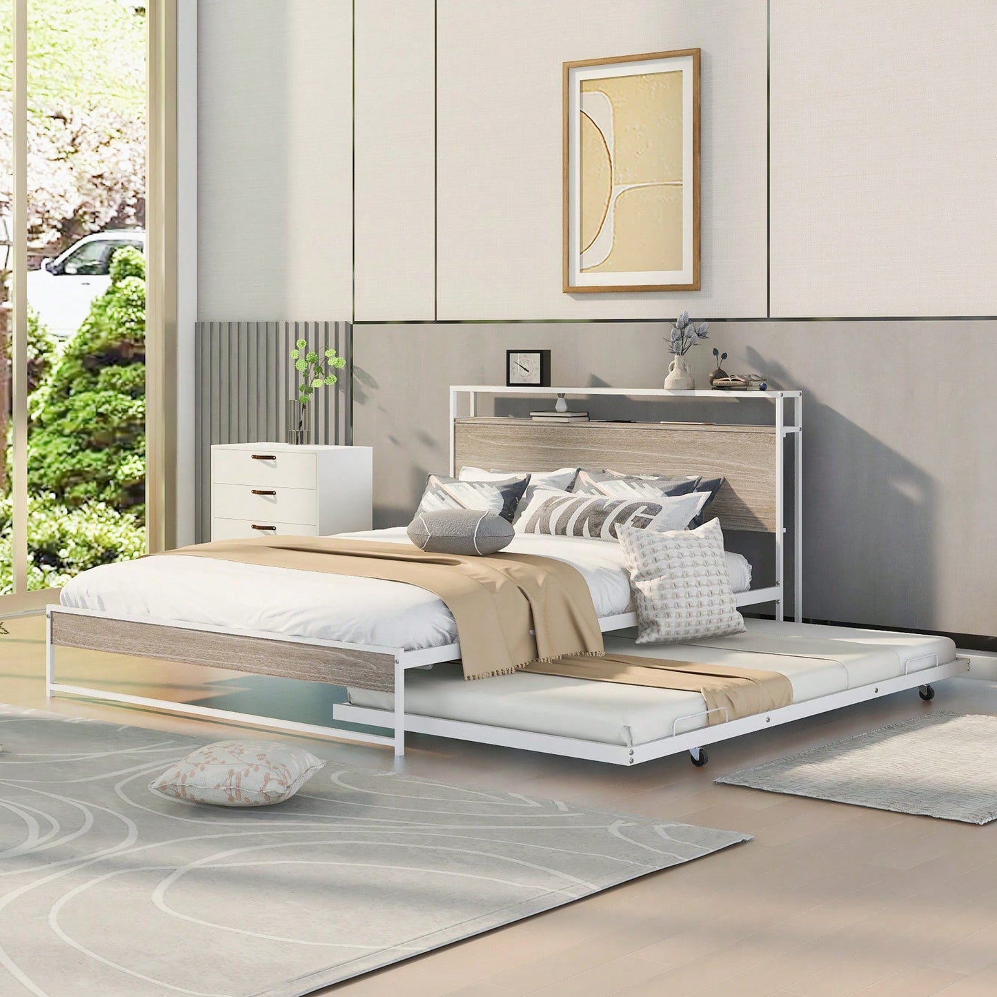 Queen Size Metal Platform Bed Frame With Trundle USB Ports And Slat Support No Box Spring Required Black