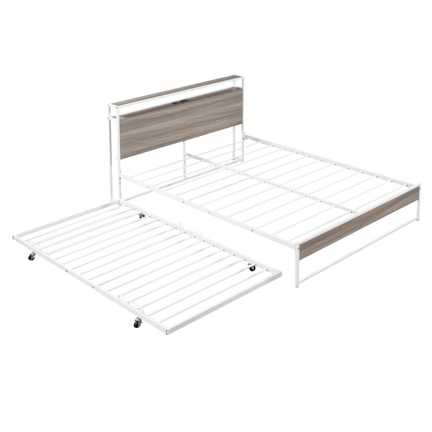 Queen Size Metal Platform Bed Frame With Trundle USB Ports And Slat Support No Box Spring Required Black