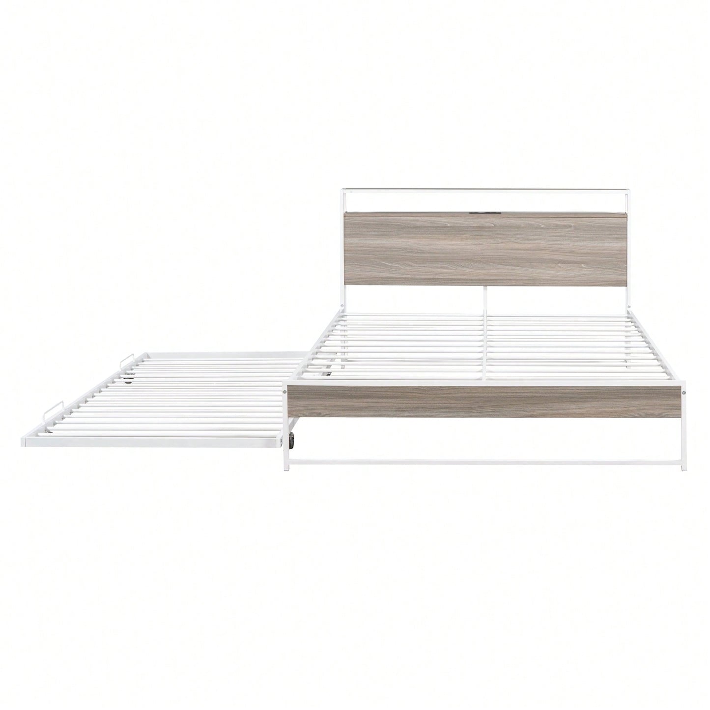 Queen Size Metal Platform Bed Frame With Trundle USB Ports And Slat Support No Box Spring Required Black