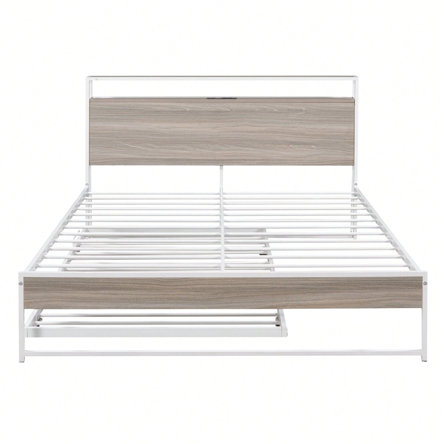 Queen Size Metal Platform Bed Frame With Trundle USB Ports And Slat Support No Box Spring Required Black
