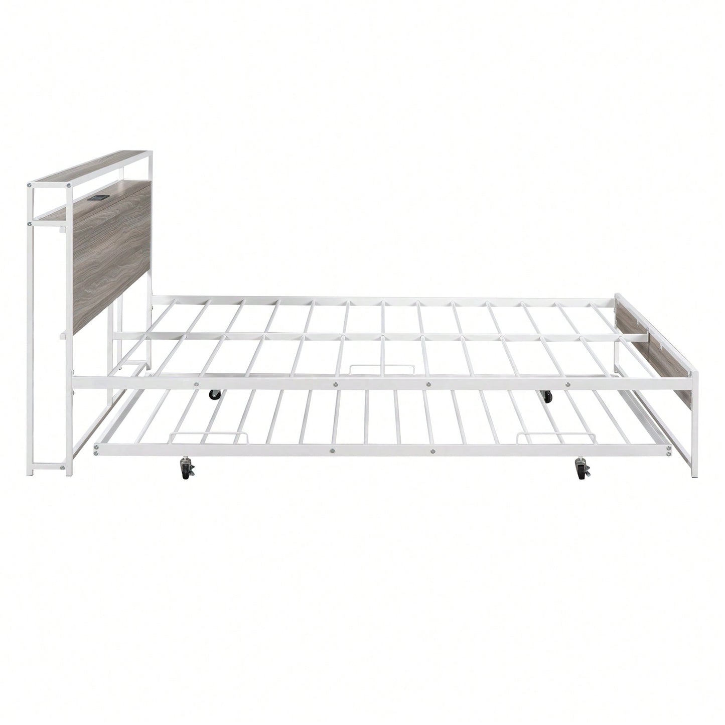 Queen Size Metal Platform Bed Frame With Trundle USB Ports And Slat Support No Box Spring Required Black