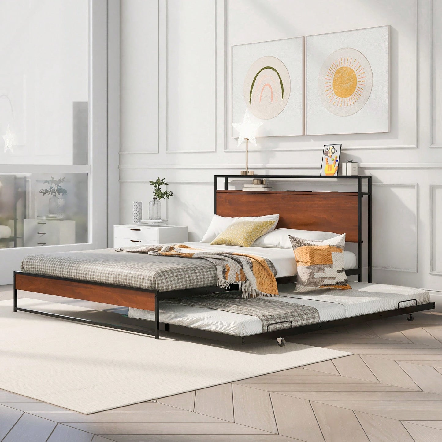 Queen Size Metal Platform Bed Frame With Trundle USB Ports And Slat Support No Box Spring Required Black