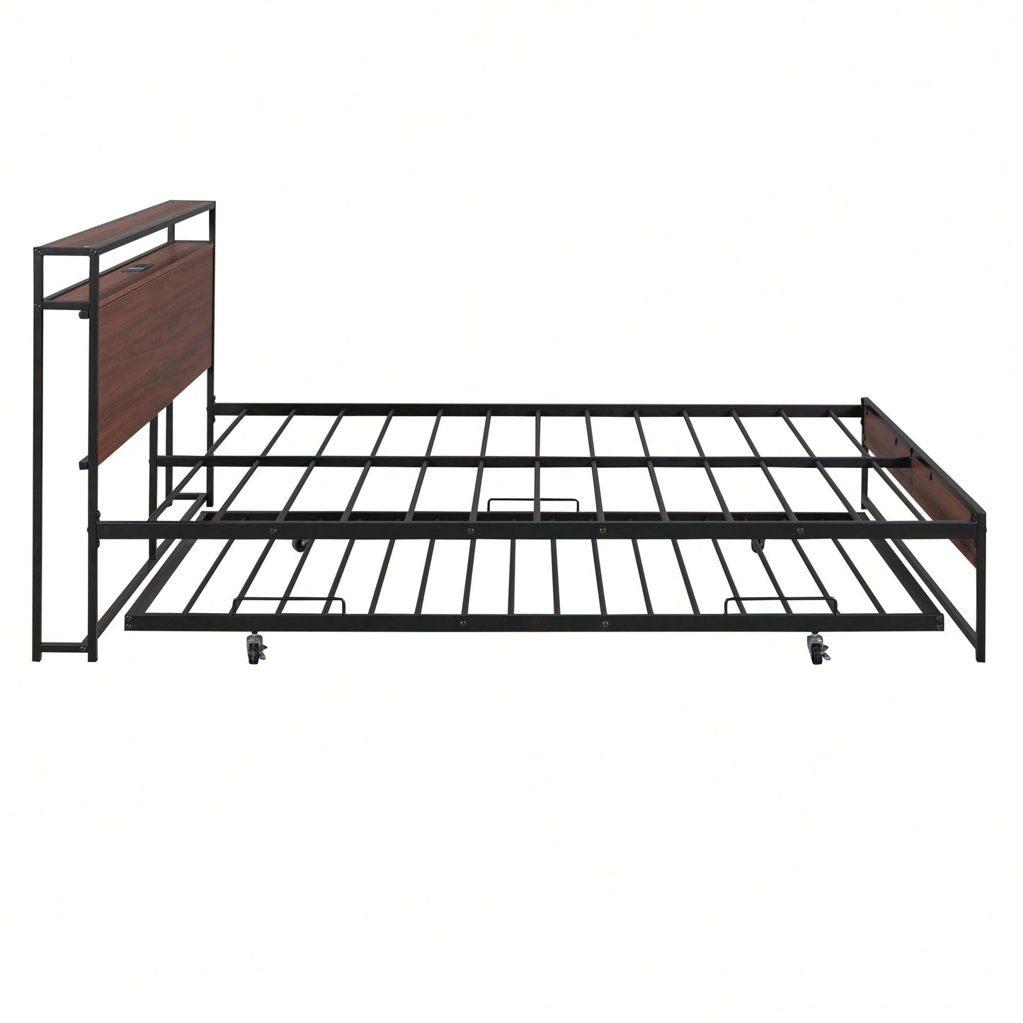 Queen Size Metal Platform Bed Frame With Trundle USB Ports And Slat Support No Box Spring Required Black