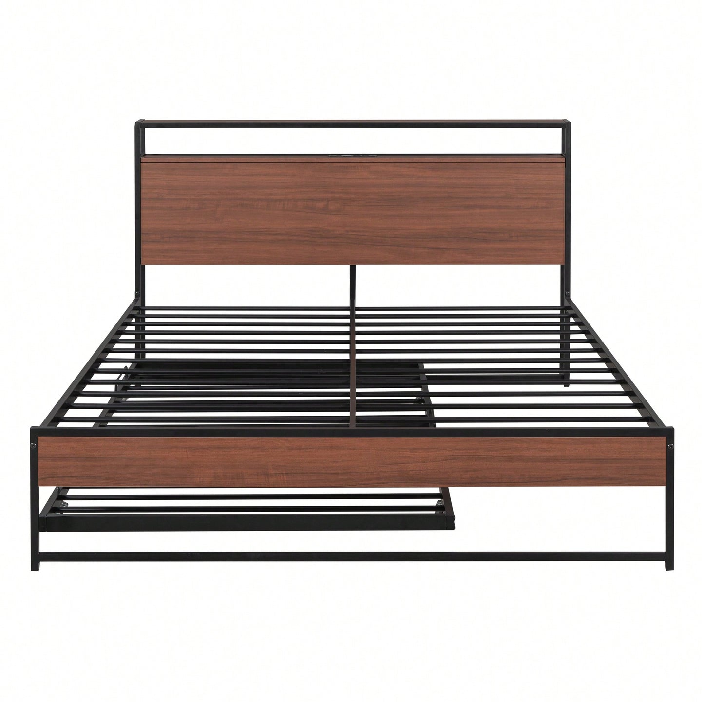 Queen Size Metal Platform Bed Frame With Trundle USB Ports And Slat Support No Box Spring Required Black