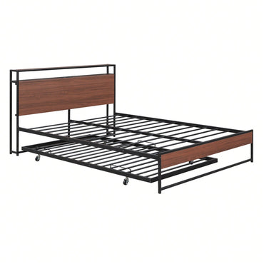 Queen Size Metal Platform Bed Frame With Trundle USB Ports And Slat Support No Box Spring Required Black