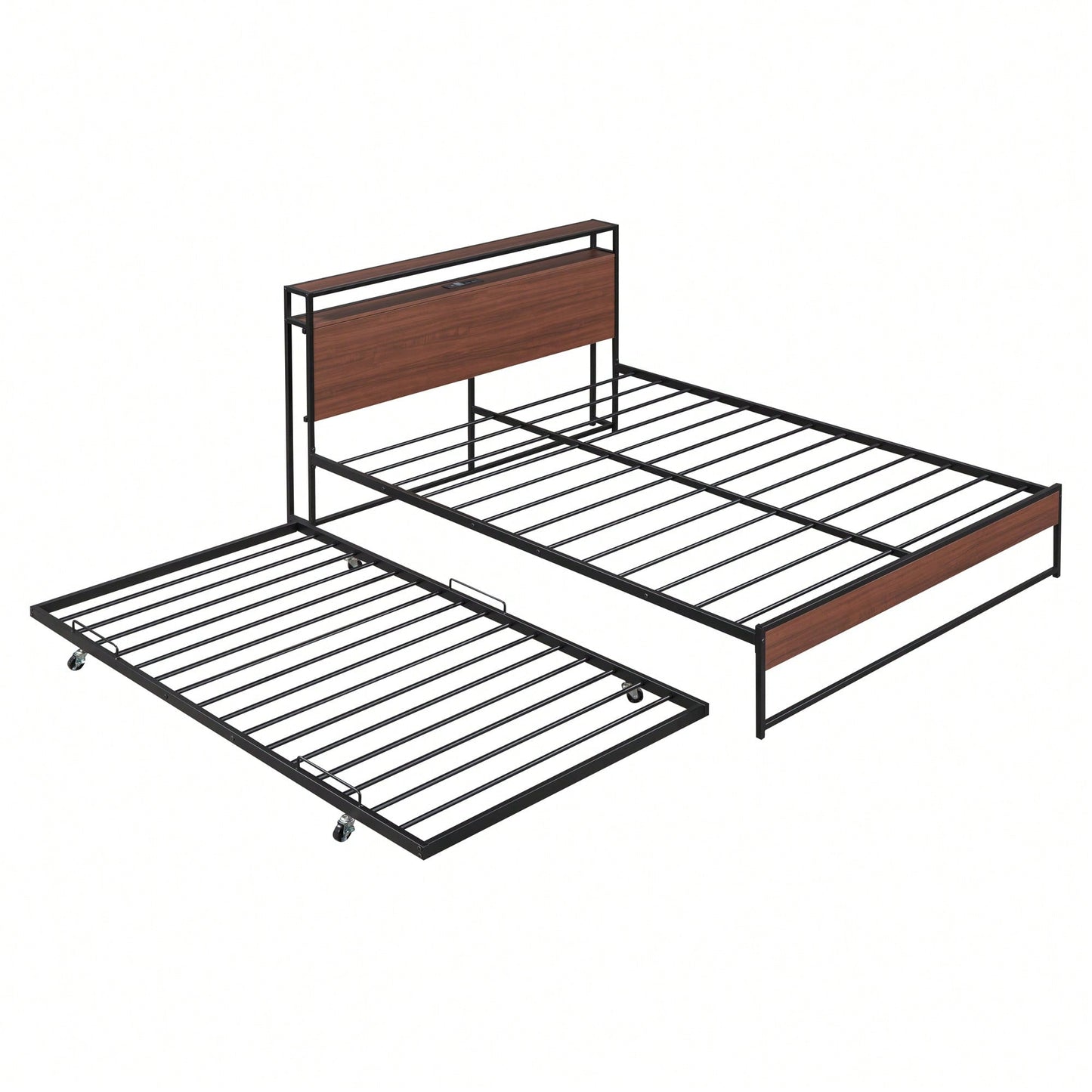Queen Size Metal Platform Bed Frame With Trundle USB Ports And Slat Support No Box Spring Required Black