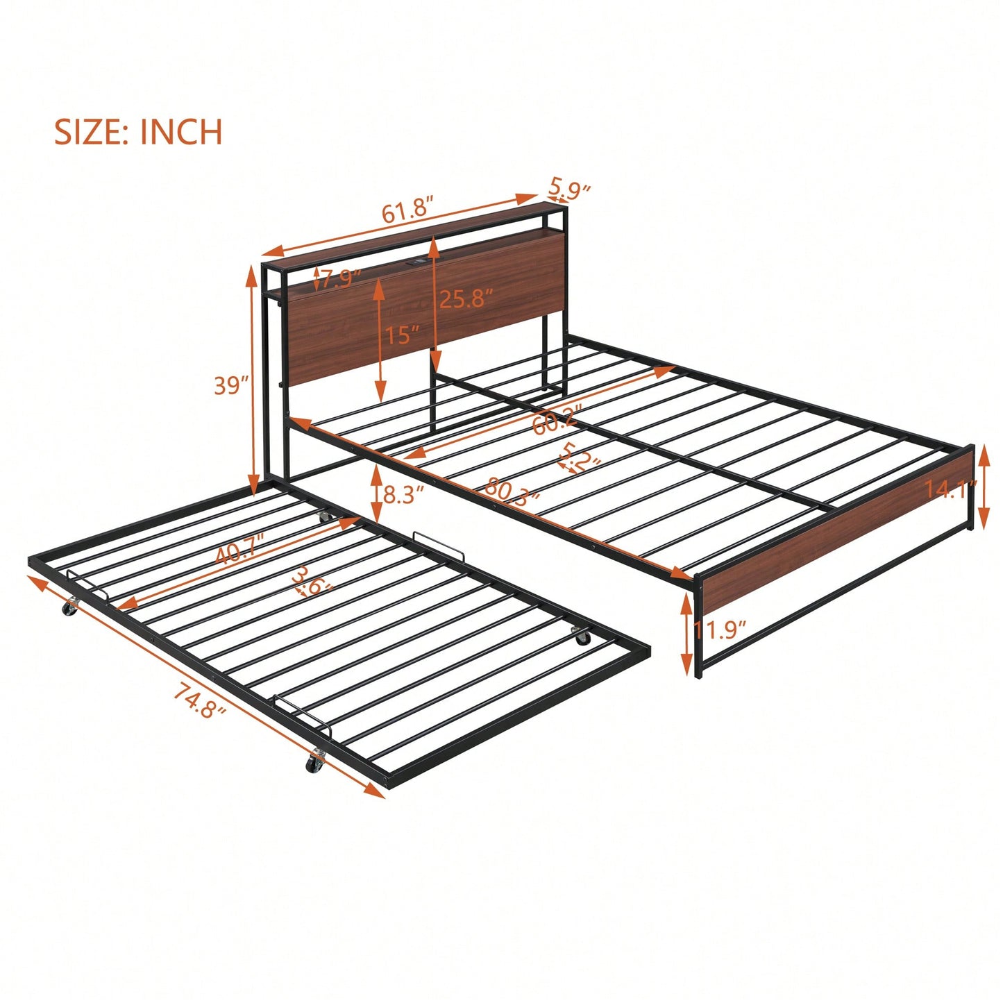 Queen Size Metal Platform Bed Frame With Trundle USB Ports And Slat Support No Box Spring Required Black