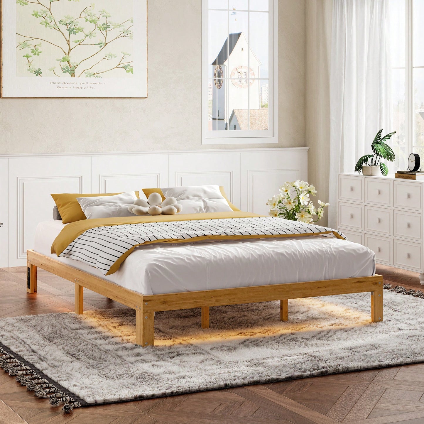 Rustic Pine Queen Size Solid Wood Platform Bed Frame With Slat Support Easy Assembly No Box Spring Required 12 Inch Height