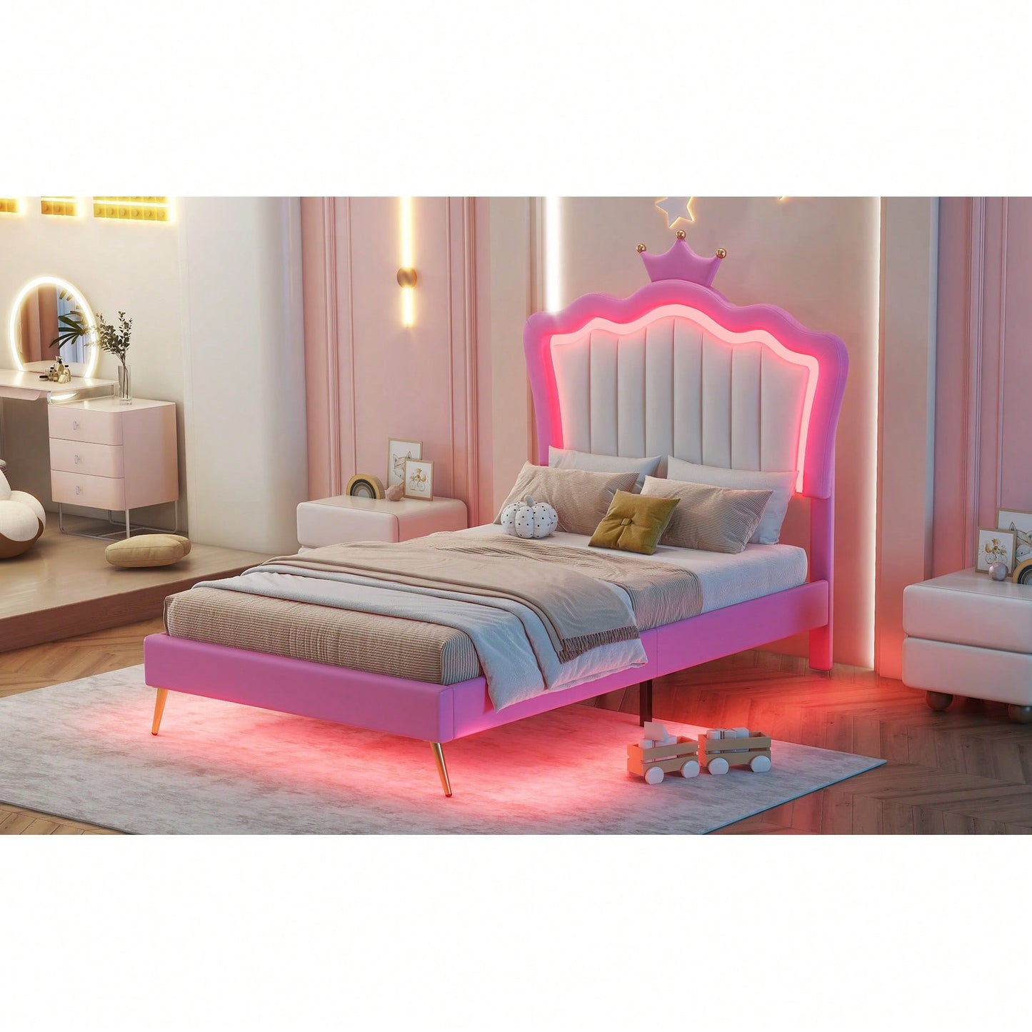 Modern Twin Upholstered Bed Frame With LED Lights And Crown Headboard In Pink And White For A Stylish Princess Bedroom